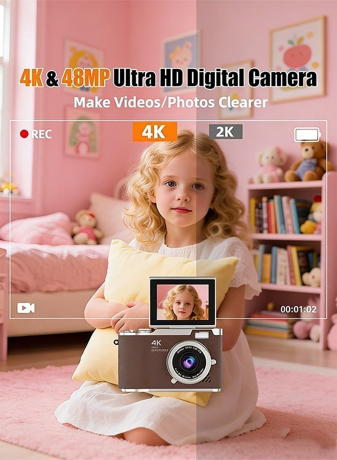 Makrystorm 4k CCD Digital Zoom Student Digital Camera 48MP Portable Digital Photography Camera 180° Flip Screen Selfie Camera，with 128GB SD card - Image 2